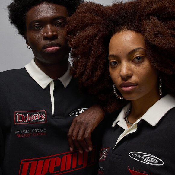 Air Jordan Essentials Long Sleeve Rugby Shirt Black Red BRED HF9323-010 M 1 2 3 - Picture 8 of 14